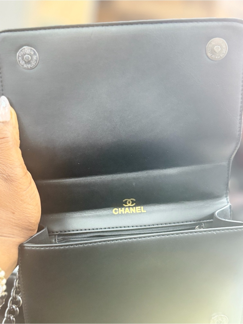CHANEL Black Leather Small Chain Shoulder Bag with Gold Logo
